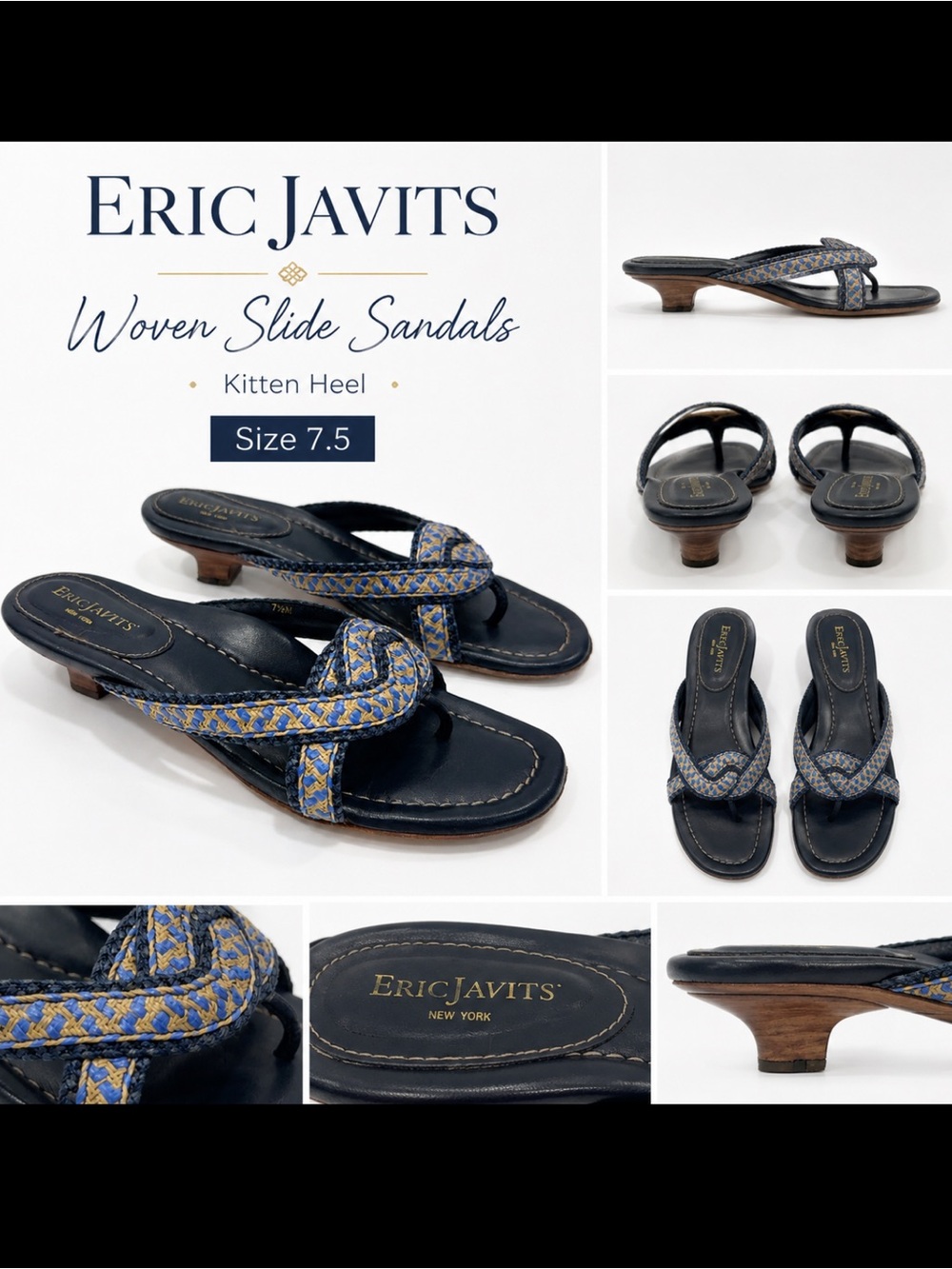 Eric Javits Navy and Yellow Woven Slide Mules